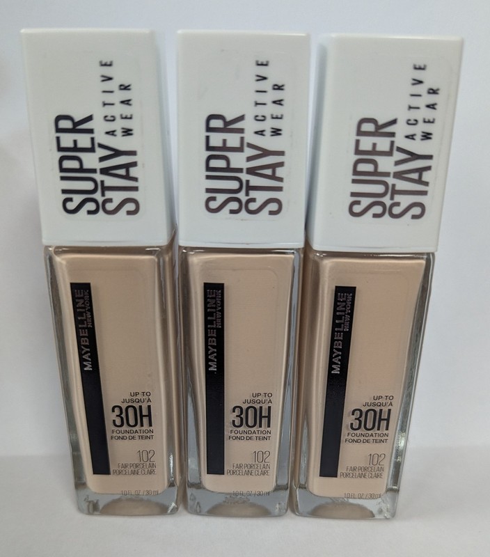 3 MAYBELLINE SUPERSTAY ACTIVE WEAR FOUNDATION 102 FAIR PORCELAIN 1oz NEW SEALED