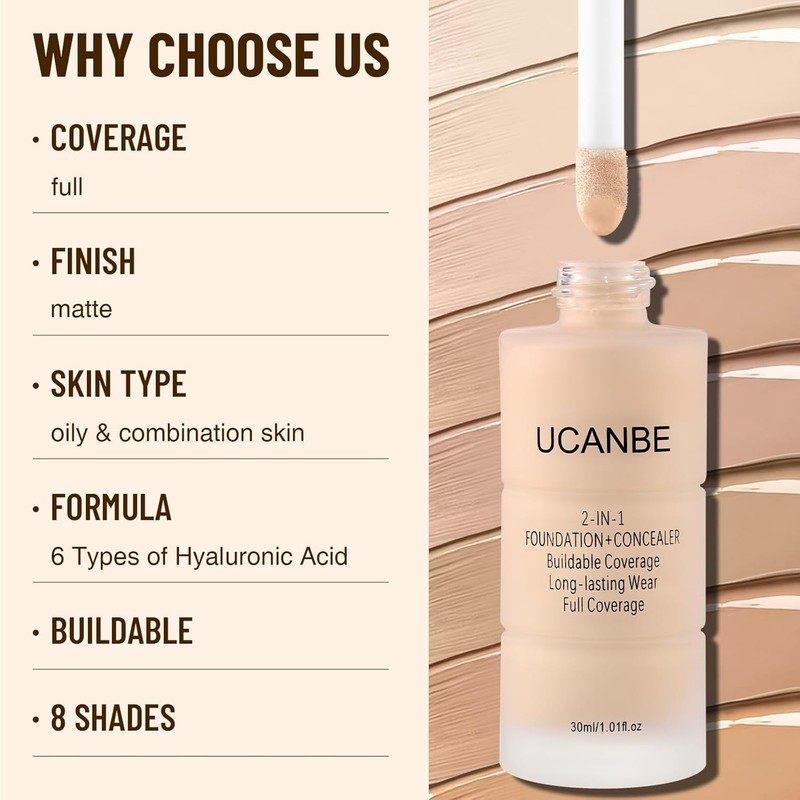 UCANBE 2-in-1 Liquid Foundation & Concealer, Full Coverage Foundation Makeup Set gallery