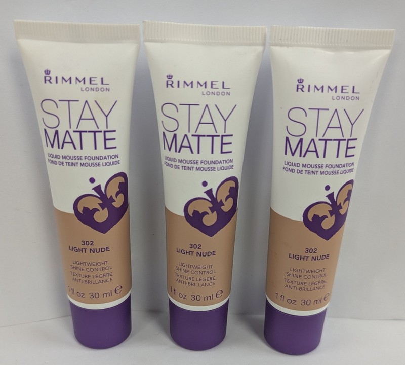 LOT OF 3 RIMMEL STAY MATTE LIQUID MOUSSE FOUNDATION #302 LIGHT NUDE 1fl oz EACH