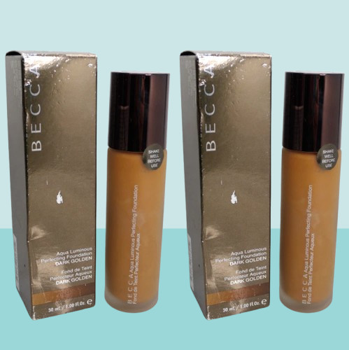BECCA AQUA LUMINOUS PERFECTING FOUNDATION IN DARK GOLDEN 1 OZ BOXED LOT OF 2