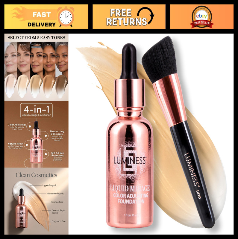 Color Adjusting Foundation Kit with SPF 50, Primer, Brush & Moisturizer – 4in1 F