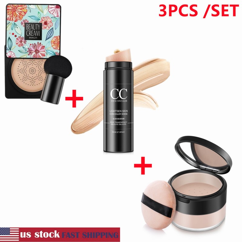 Mushroom Head Air Cushion CC Cream + Concealer Foundation+Loose powder 3PCS/SET