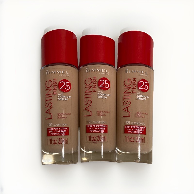 3x Rimmel Lasting Finish 25 hr Foundation with Comfort Serum #101-Classic Ivory